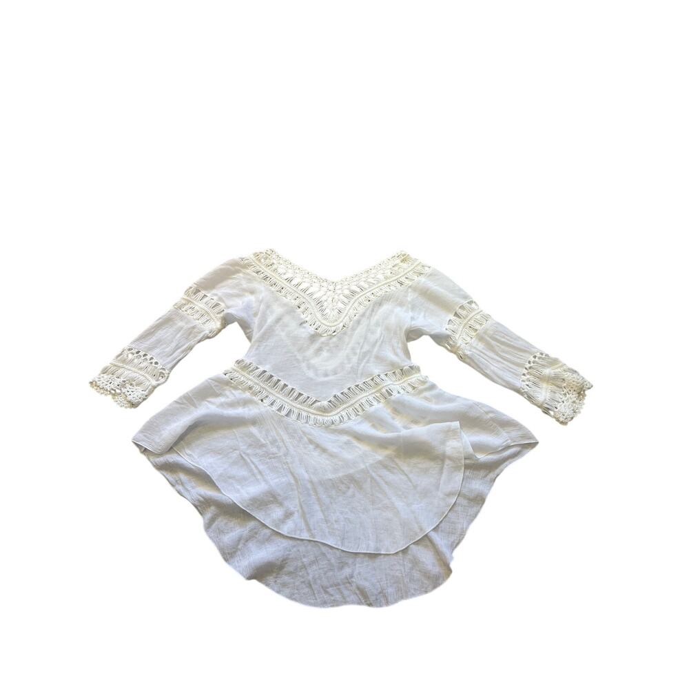 Peasant Knit Blouse Boho Crochet Tunic V Neck White Medium